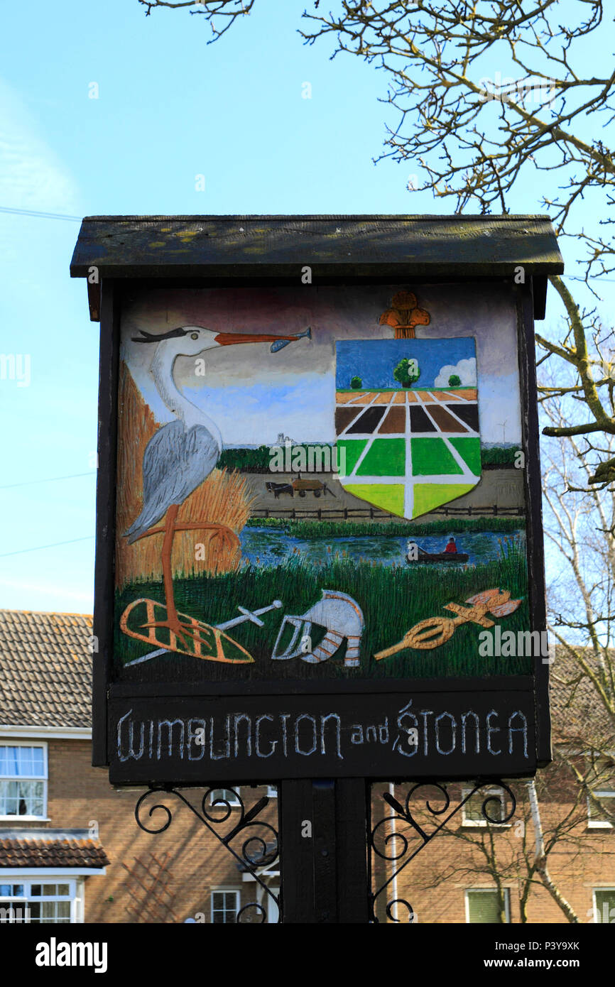 Das Dorf zeichen Wimblington und Stonea Dörfer, Cambridgeshire, England, Großbritannien Stockfoto