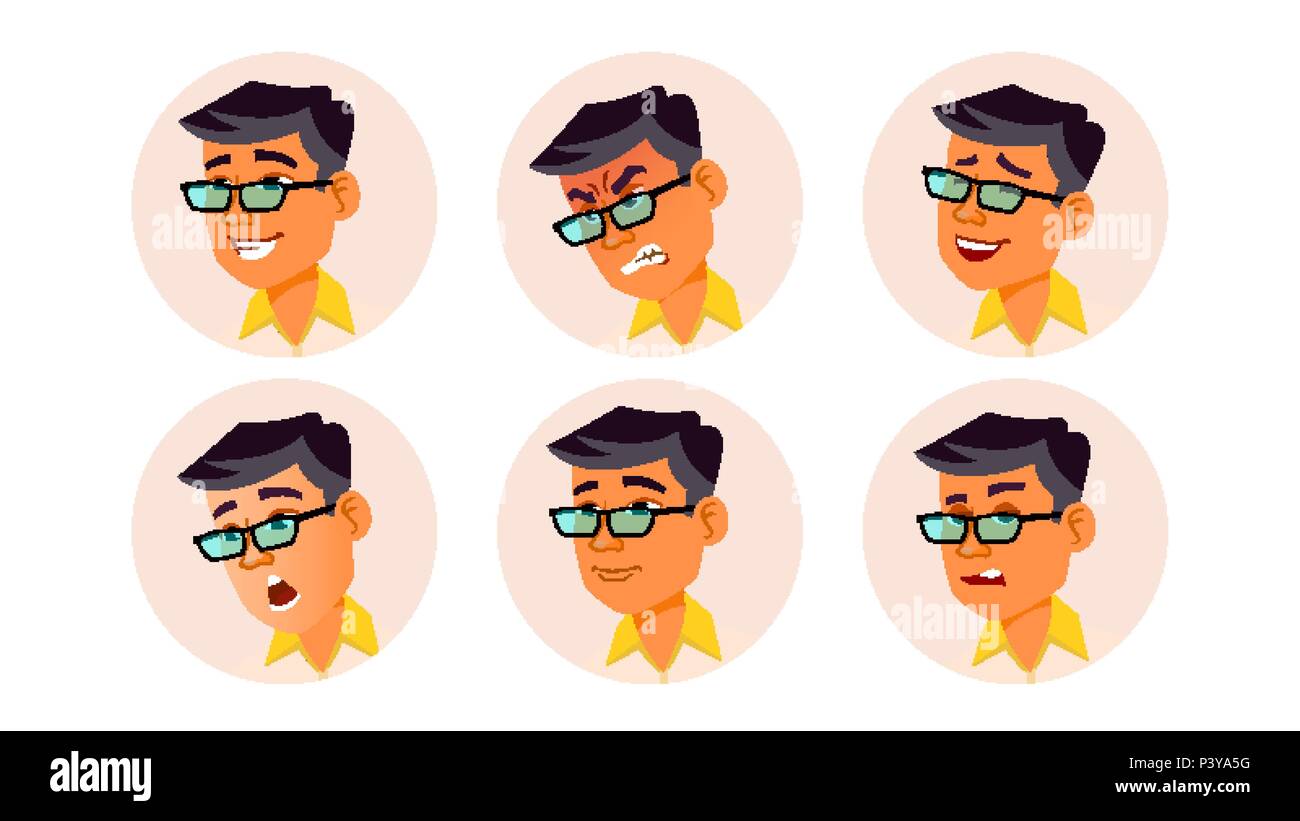 Mann Avatar Menschen Vektor. Koreanisch, Thai, Vietnamesisch. Gesichts Emotionen. Benutzer Person. Ausdrucksstarkes Bild. Ziemlich Benutzer. Zufrieden, Unzufrieden. Isolierte flache Cartoon Illustration Stock Vektor