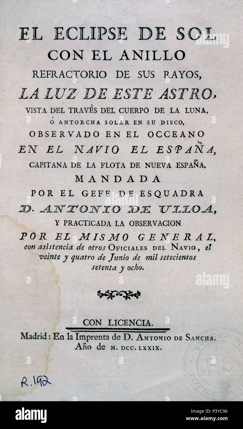 LIBRO SOBRE EL ECLIPSE DE SOL - 1768 - VISTO DESDE EL NAVIO ESPAÑA. Autor: ANTONIO DE ULLOA. Stockfoto