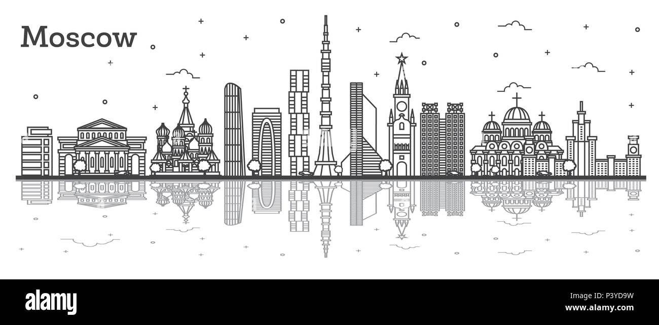 Umrisse Moskau Russland Skyline der Stadt mit historischen Gebäuden und Reflexionen isoliert auf Weiss. Vector Illustration. Moskauer Stadtbild mit Sehenswürdigkeiten. Stock Vektor