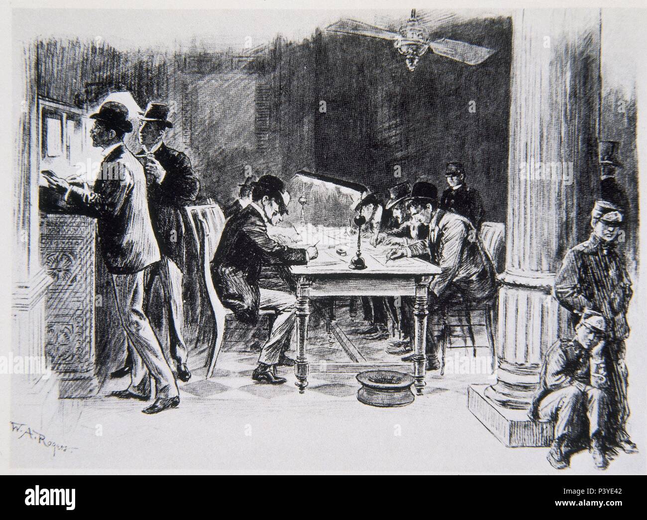 LA ESQUINA DE LOS CORRESPONSALES EN EL ESTADO DE MARINA - 6/1898. Autor: William Allen Rogers (1854-1931). Stockfoto