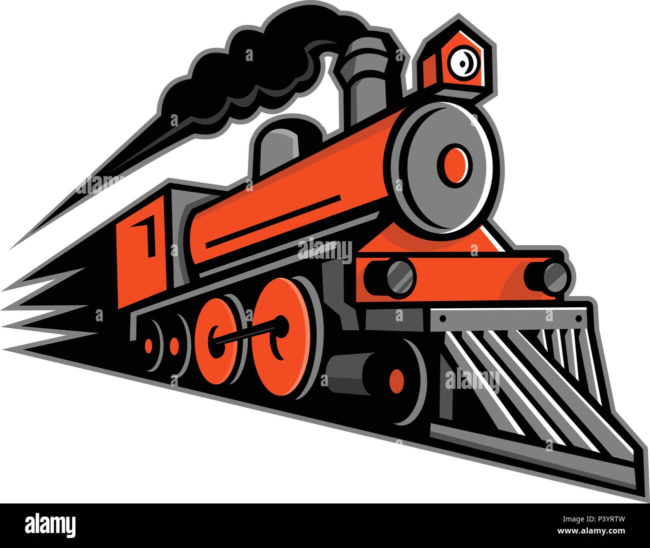 Maskottchen Symbol Abbildung einer alten Dampflokomotive oder Zug Schnellfahren in voller Geschwindigkeit kommt der Betrachter auf isolierten Hintergrund im Retro Style. Stock Vektor