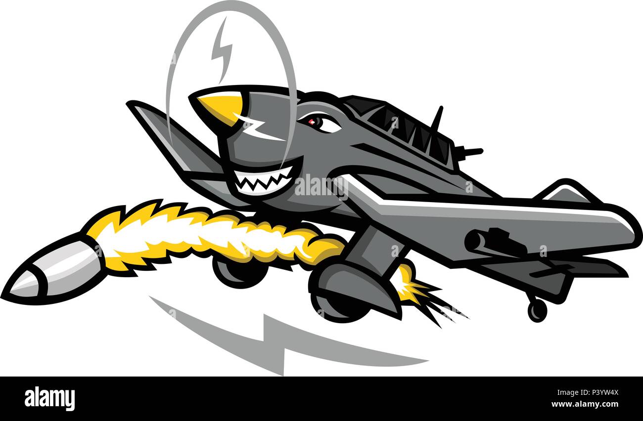 Maskottchen Symbol Abbildung einer Junkers Ju 87 oder Stuka, einem Deutschen sturzbomber Boden- und Kampfflugzeug während des Zweiten Weltkrieges und feuerte eine Rakete Rakete auf Stock Vektor