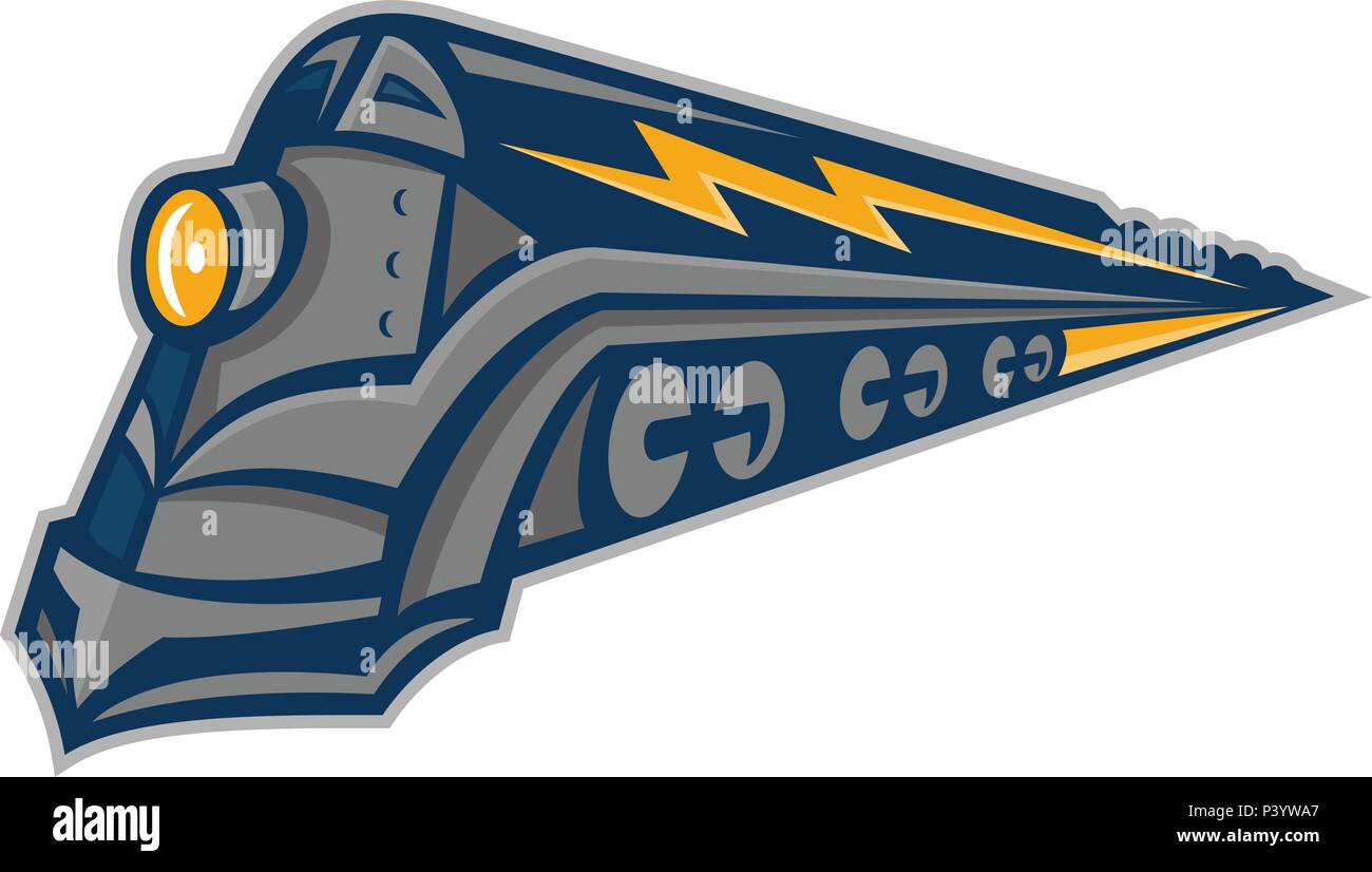 Maskottchen Symbol Abbildung einer alten Dampflokomotive oder Zug beschleunigt wie Blitz oder thunderbolt von der Seite gesehen auf isolierten Hintergrund Stock Vektor