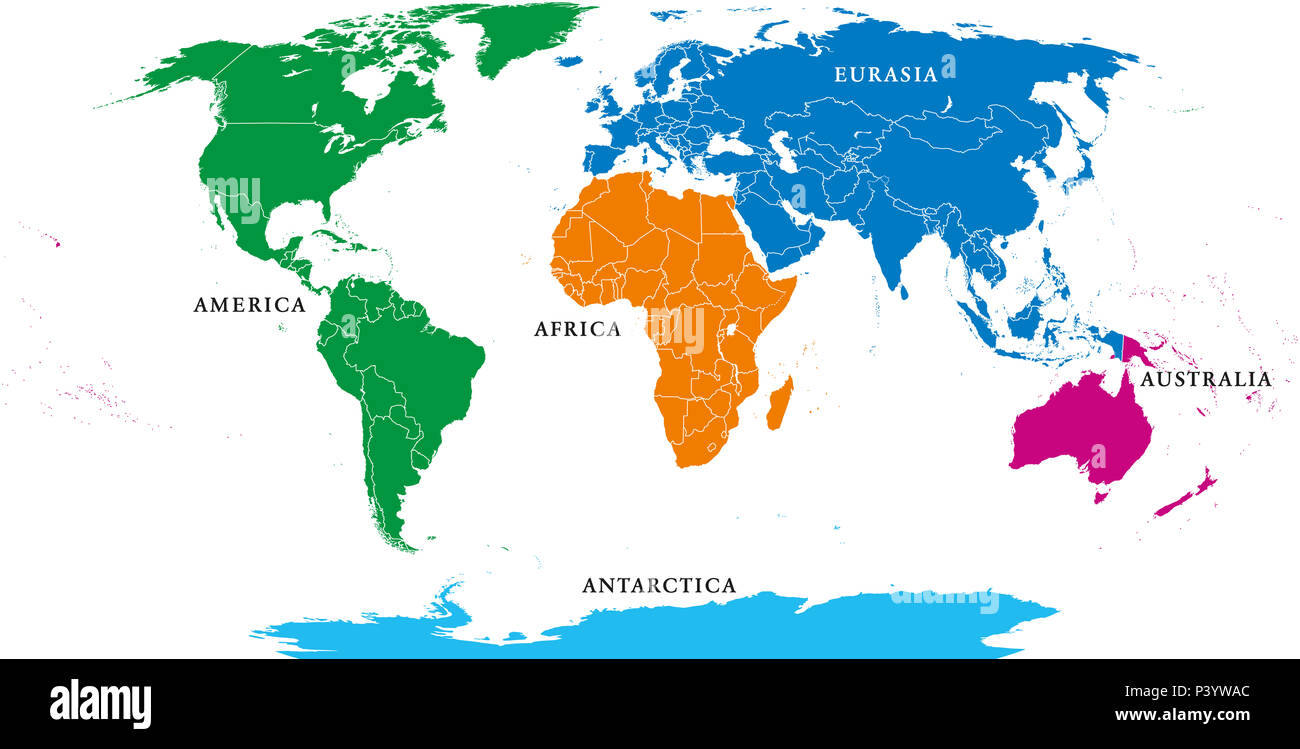 Fünf Kontinente, politische Weltkarte, mit Grenzen. Afrika, Amerika, Antarktis, Asien, Australien und Europa. Robinson Projektion. Englischer Beschriftung. Stockfoto