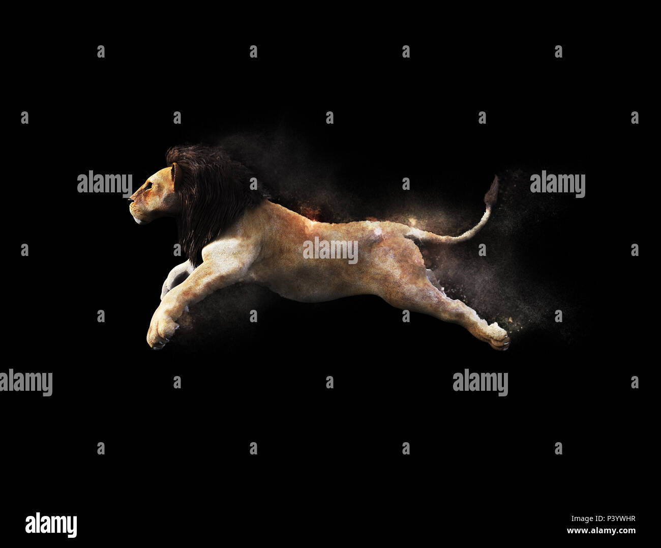 Ein männlicher Löwe Bewegen und Springen mit Staub Partikel Effekt auf schwarzen Hintergrund, 3D-Darstellung Stockfoto