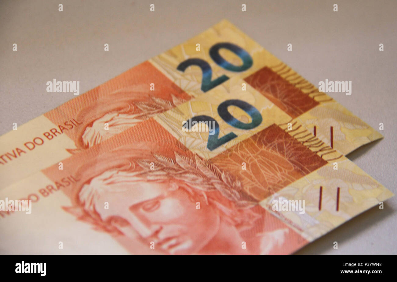 Dinheiro do Brasil, notas de Real, moeda Brasileira. Na Foto, cédulas de 20 Reais. Stockfoto
