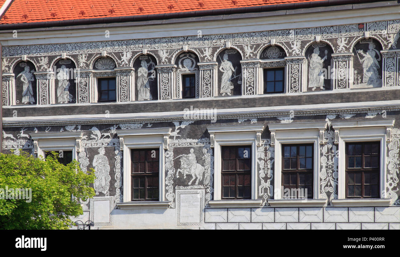 Tschechische Republik, Trebic, sgraffito Fassade, historische Architektur, Stockfoto