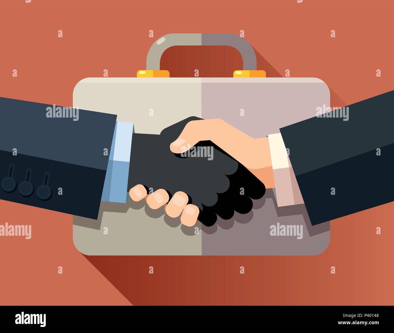 Handshake von korrupten Geschäftsleute auf einen Aktenkoffer Hintergrund. Flaches Design moderne Vector Illustration Konzept. Stock Vektor
