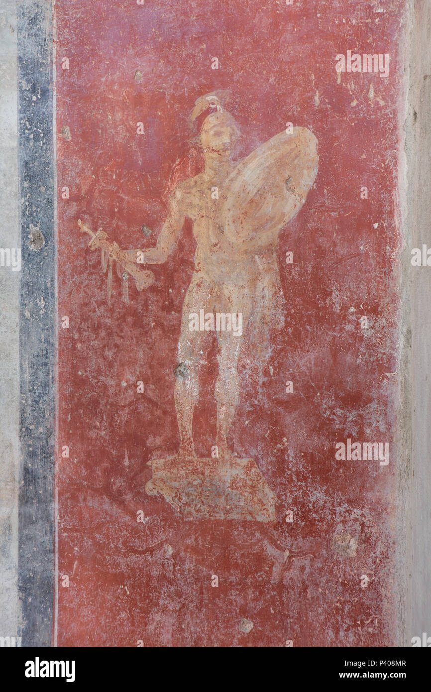 Krieger in der römischen Fresko im Sommer triclinium (Römische Esszimmer) des Hauses des Ephèbe (Casa dell'Efebo) in die archäologische Stätte von Pompeji (Pompei) in der Nähe von Neapel, Kampanien, Italien dargestellt. Stockfoto