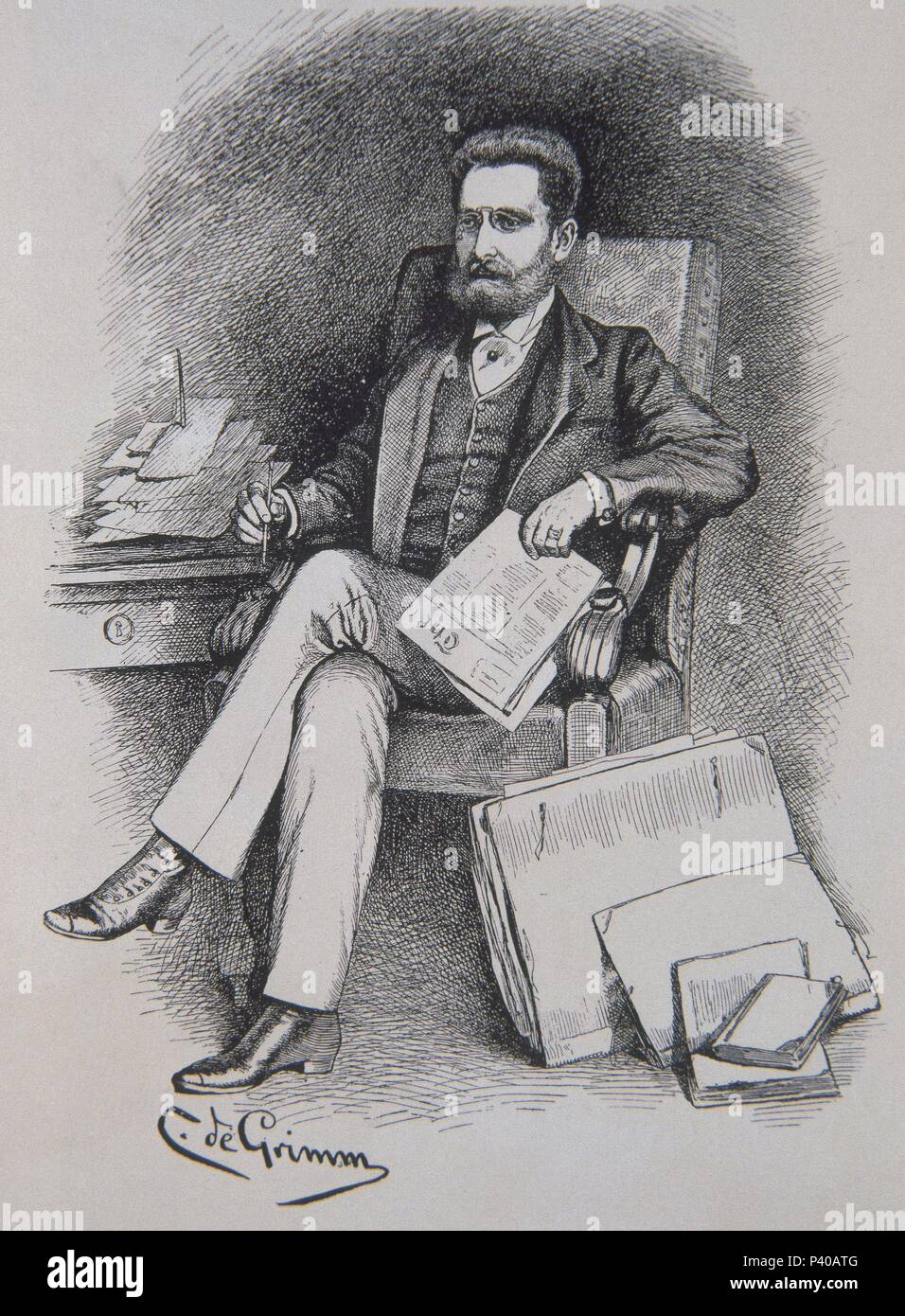 Joseph Pulitzer aus 'Kuriositäten' - 1887 - Gravur. Autor: Grimm. Auch als: JOSEPH PULITZER DEL NEW YORK weltweit bekannt. Stockfoto