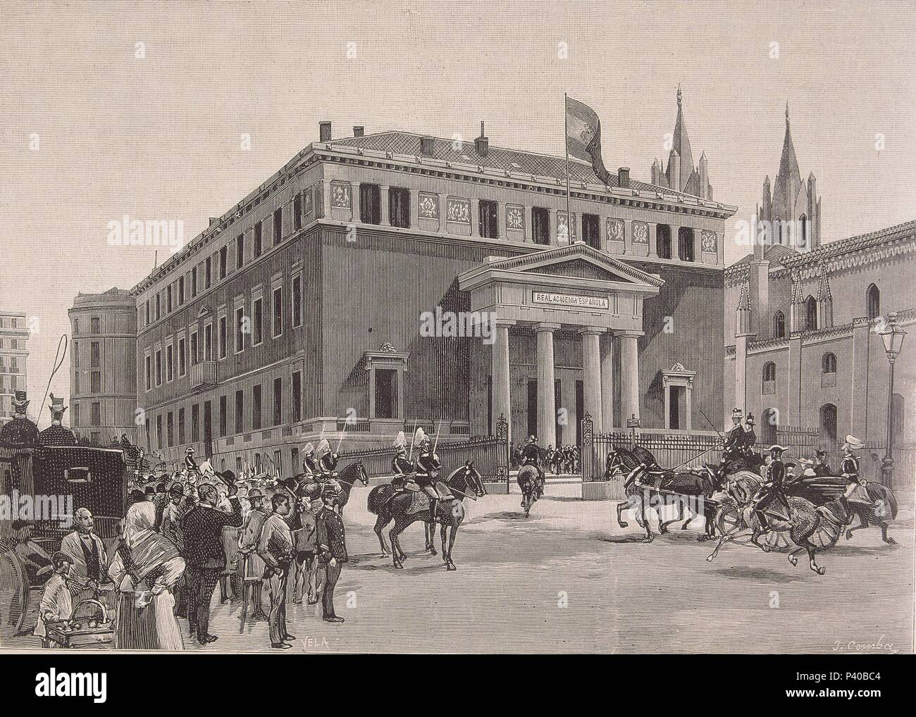 ILUST ESP/AMER -1894 - EDIFICIO DE Real Academia Española - GRABADO. Autor: Juan Comba (1852-1924). Ort: ACADEMIA DE LA LENGUA - COLECCION, MADRID, SPANIEN. Stockfoto