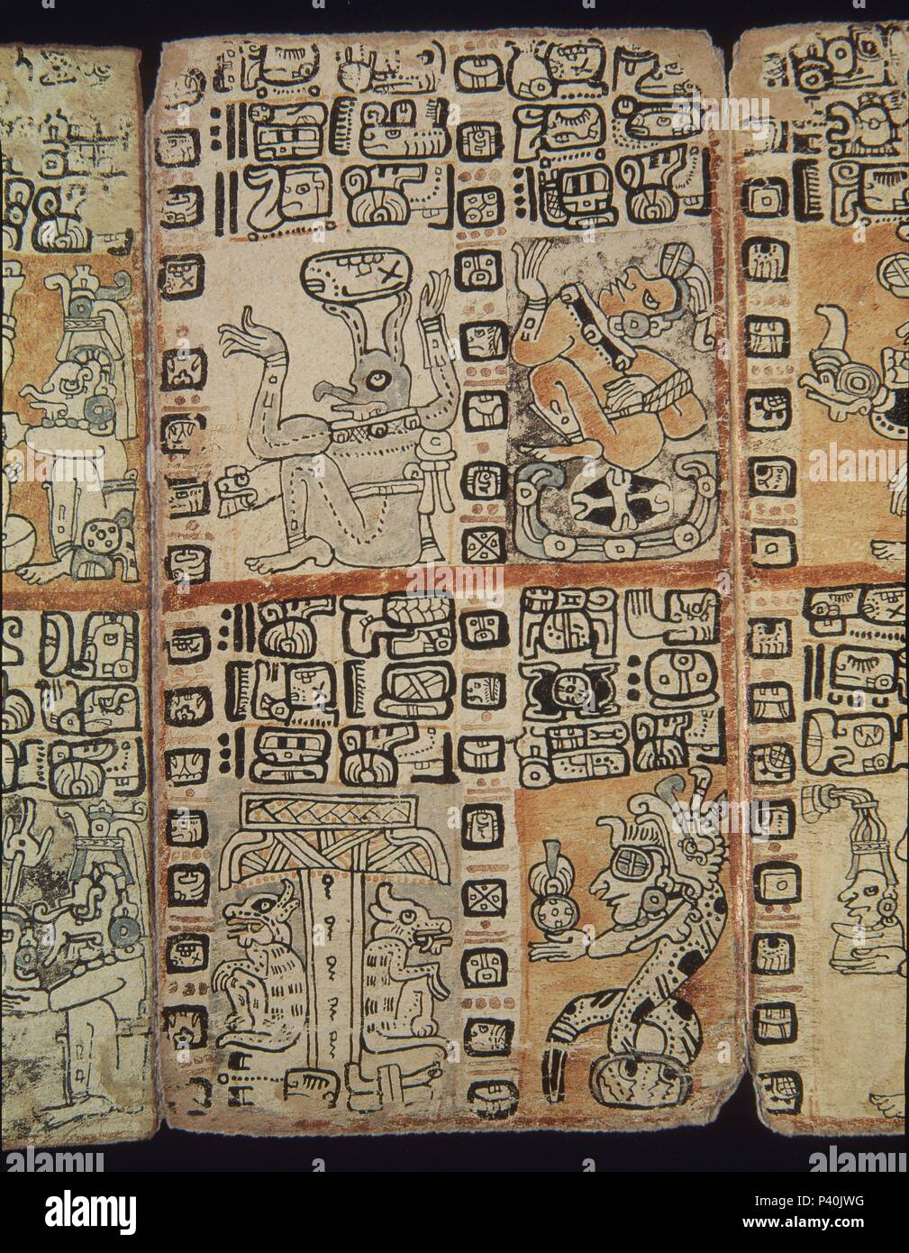Faksimile. Seite des Codex Tro-Cortesianus. Maya Kultur. Männer und Götter. 13. und 15. Jahrhundert. Madrid, Museum von Amerika. Lage: das Museo DE AMERICA - COLECCION, MADRID, SPANIEN. Stockfoto