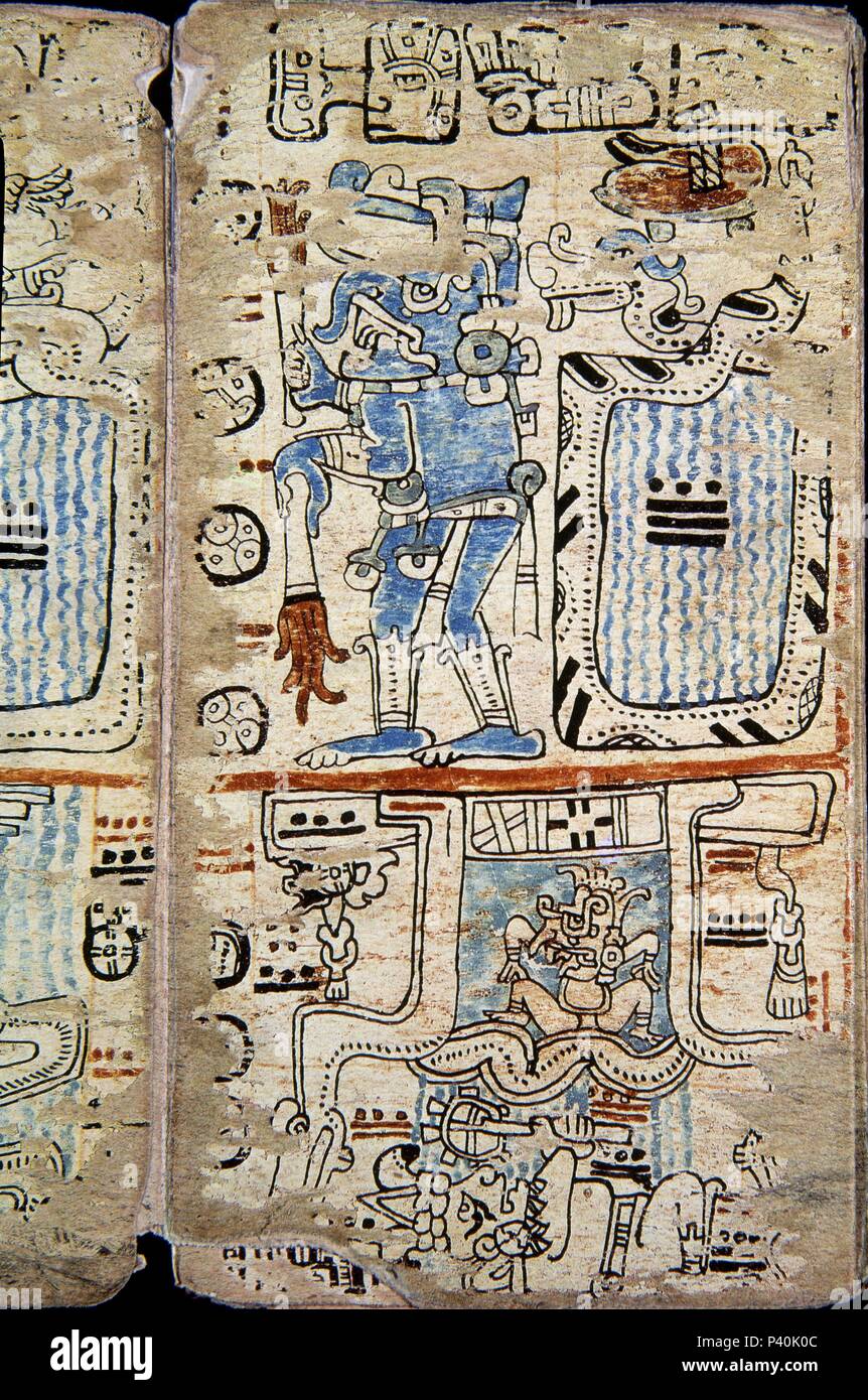 . Faksimile. Seite des Codex Tro-Cortesianus: Götter. Maya Kultur. 13. und 15. Jahrhundert. Madrid, Museum von Amerika. Lage: das Museo DE AMERICA - COLECCION, MADRID, SPANIEN. Stockfoto