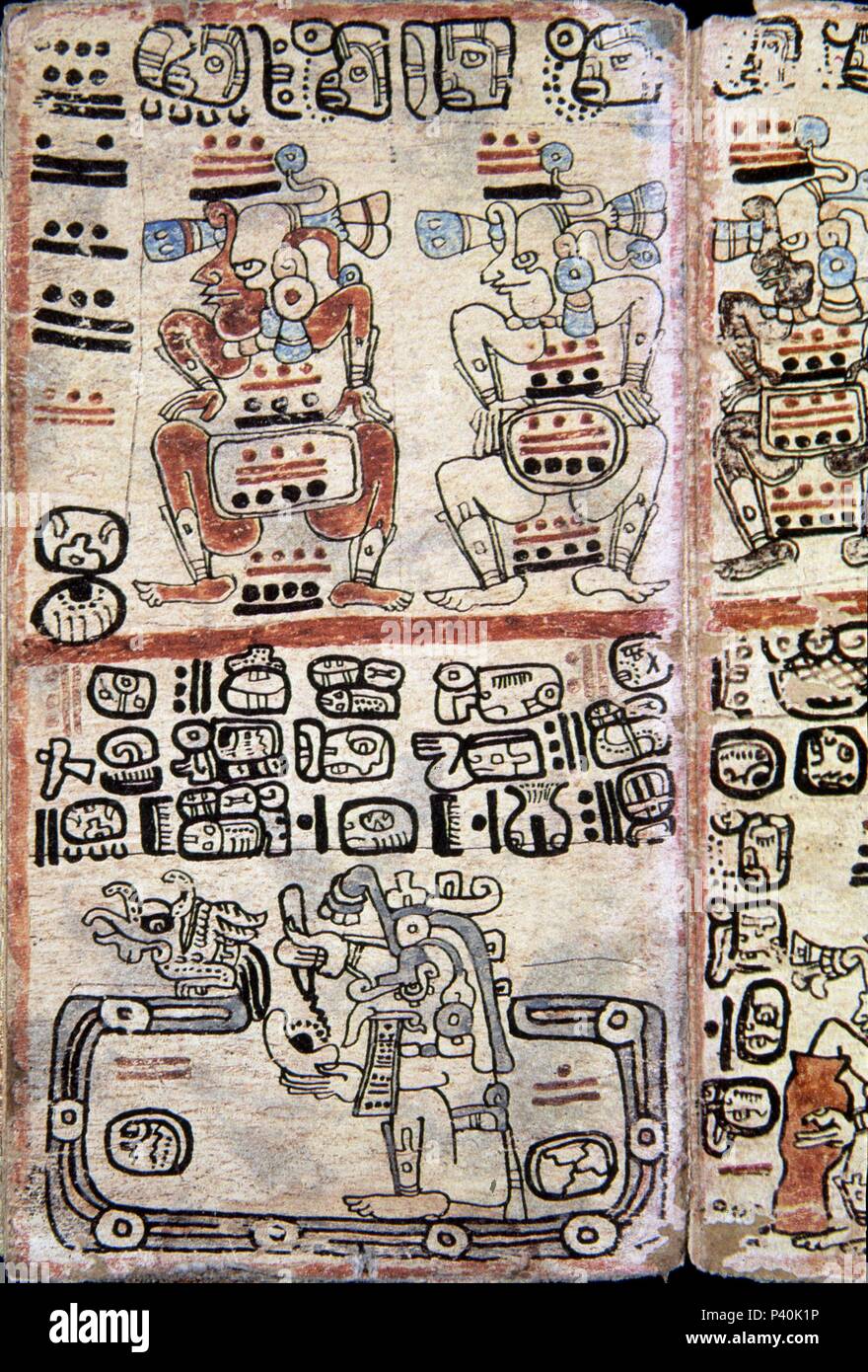 Seite des Codex Tro-Cortesianus. Faksimile. Seite des Codex Tro-Cortesianus. Maya Kultur. Götter und Menschen. 13. und 15. Jahrhundert. Lage: das Museo DE AMERICA - COLECCION, MADRID, SPANIEN. Stockfoto