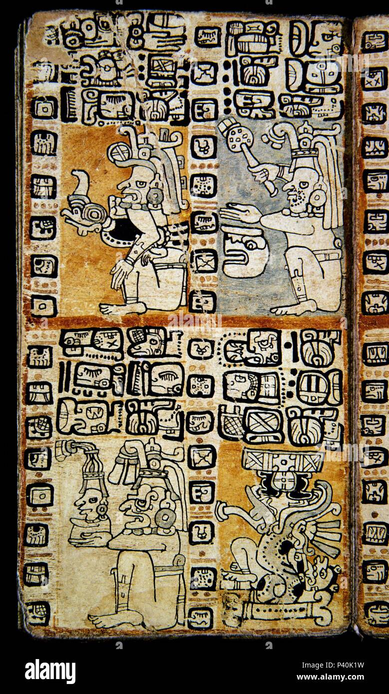 Seite von der Madrider Codex (auch Codex Tro-Cortesianus bekannt). Maya Kultur. Götter und Menschen. 13. und 15. Jahrhundert. Madrid, Museum von Amerika. Lage: das Museo DE AMERICA - COLECCION, MADRID, SPANIEN. Stockfoto