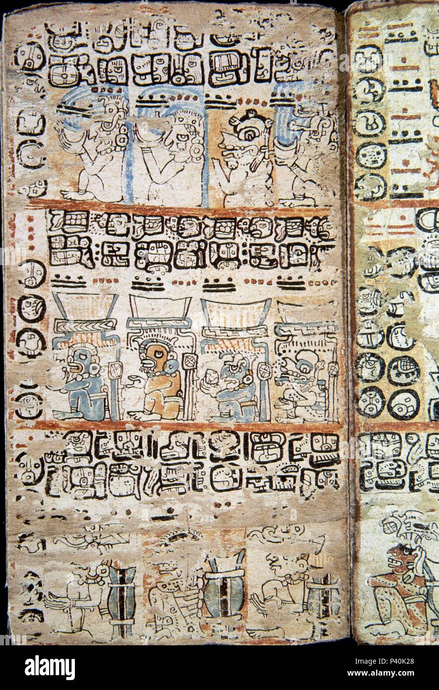 Seite des Codex Tro-Cortesianus. Faksimile. Seite des Codex Tro-Cortesianus. Maya Kultur. Götter und Menschen. 13. und 15. Jahrhundert. Lage: das Museo DE AMERICA - COLECCION, MADRID, SPANIEN. Stockfoto
