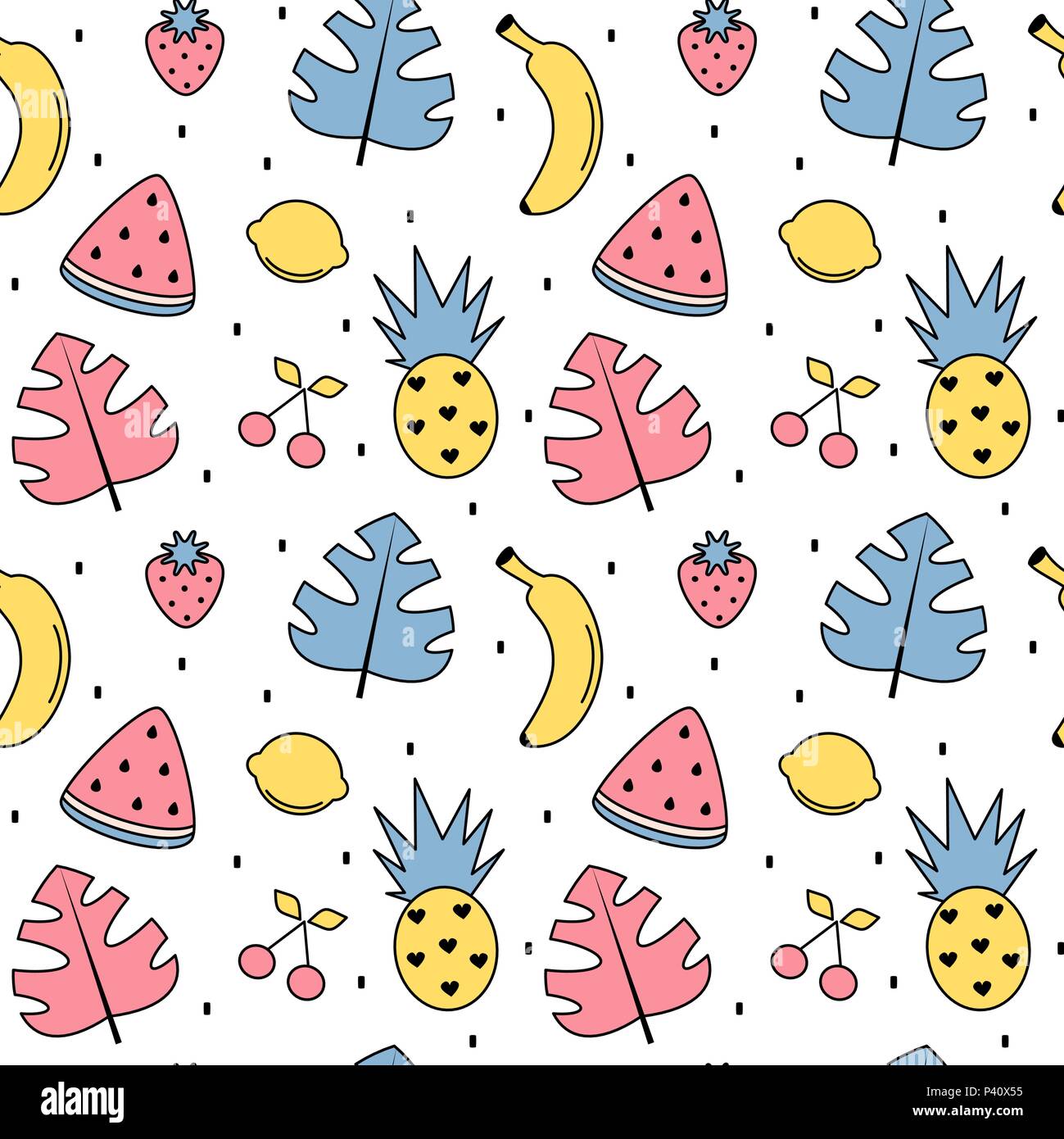 Farbenfrohe Sommer nahtlose Vektor Muster Hintergrund Abbildung mit exotischen Blätter, Bananen, Ananas, Zitronen, Wassermelone, Kirschen und Erdbeeren Stock Vektor