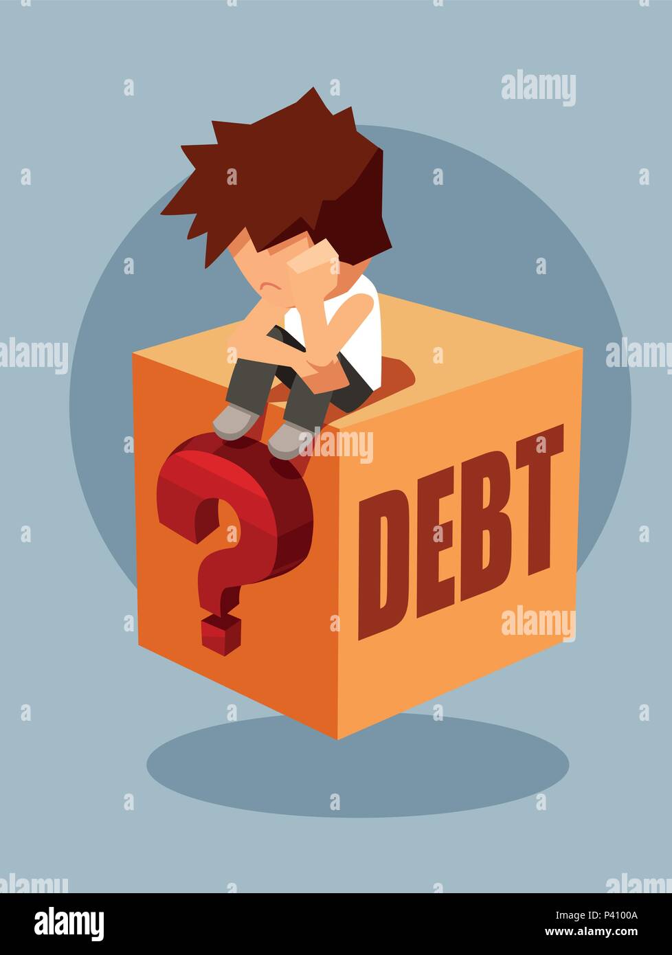 Schuld Konzept. Vektor eines traurigen Mann sitzt auf einem Feld denken wie Sie geliehene Geld bezahlen Stock Vektor