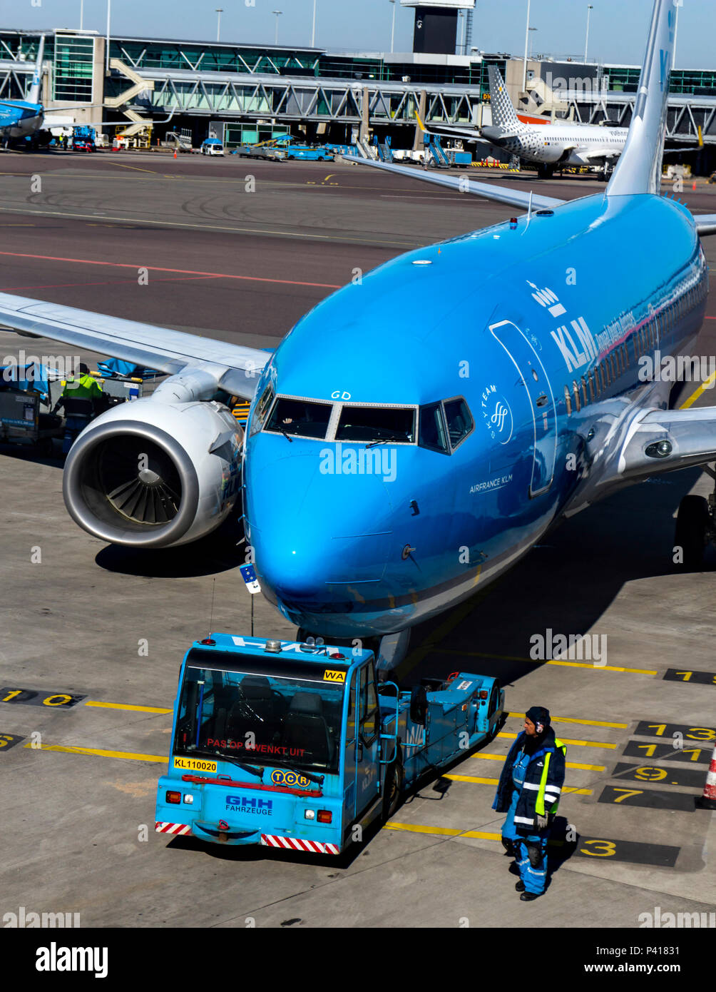 KLM jet Flugzeug auf dem Vorfeld des Flughafens Schiphol, Niederlande. Stockfoto