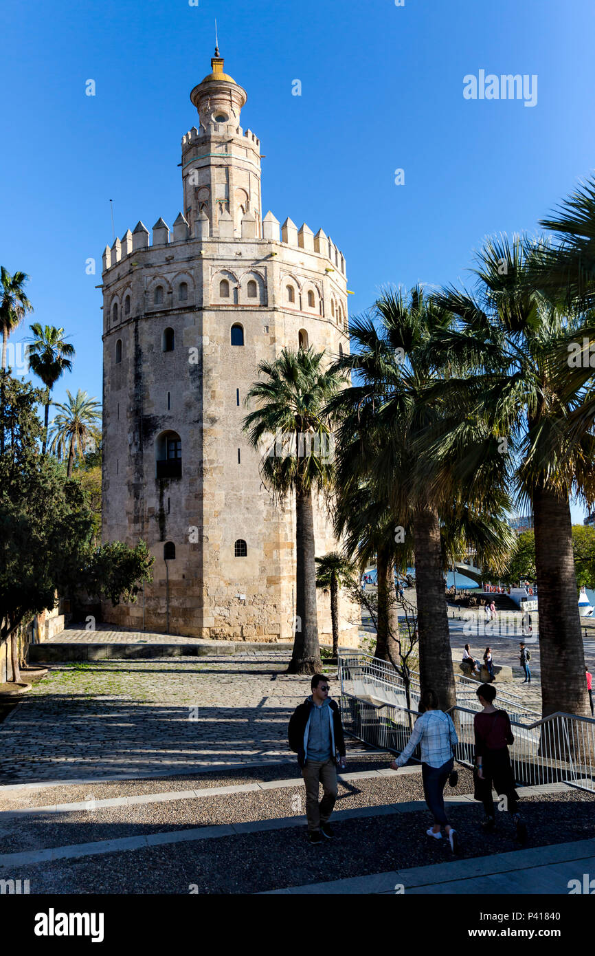 Torre del Oro (Goldener Turm), Sevilla, Andalusien, Spanien. Stockfoto