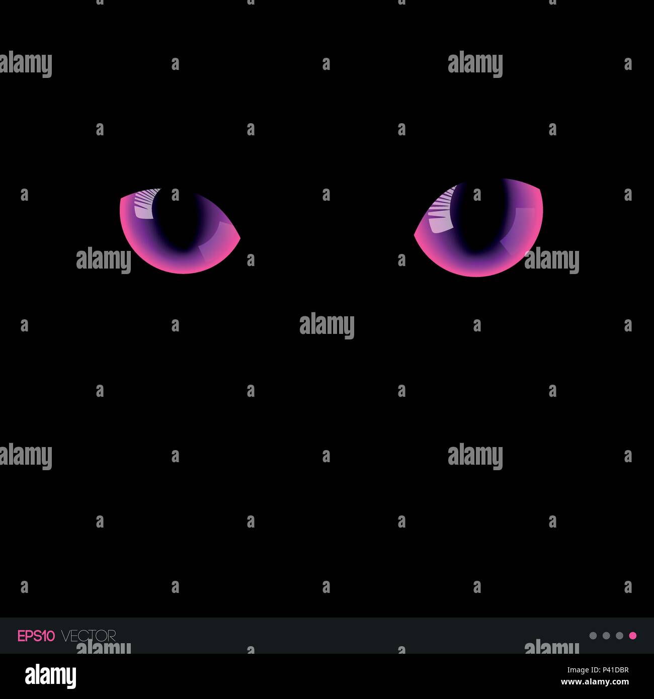 Schwarze Katze fantastische rosa Augen in der Dunkelheit. Vector Illustration. Stock Vektor