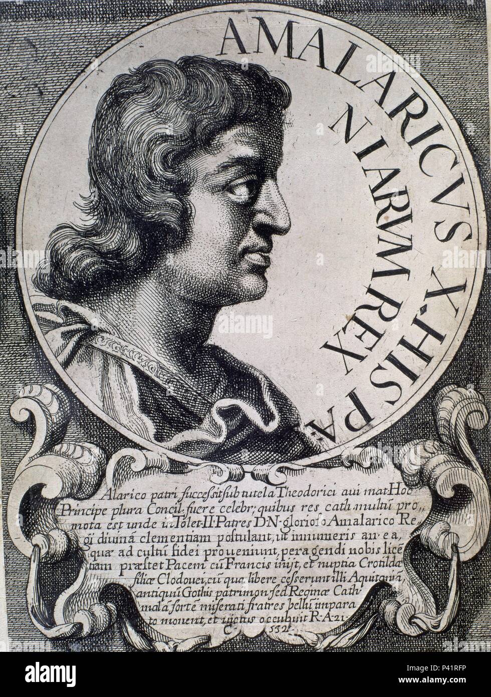 AMALARICO (500-531) REY VISIGODO ENTRE LOS AÑOS 510 AL 531 - BILDNISSE der ET-SERIE REGUM HISPANIAE - GRABADO SIGLO XVII. Autor: arnoldo Van Westerhout (1651-1725). Lage: Biblioteca Nacional - COLECCION, MADRID, SPANIEN. Stockfoto