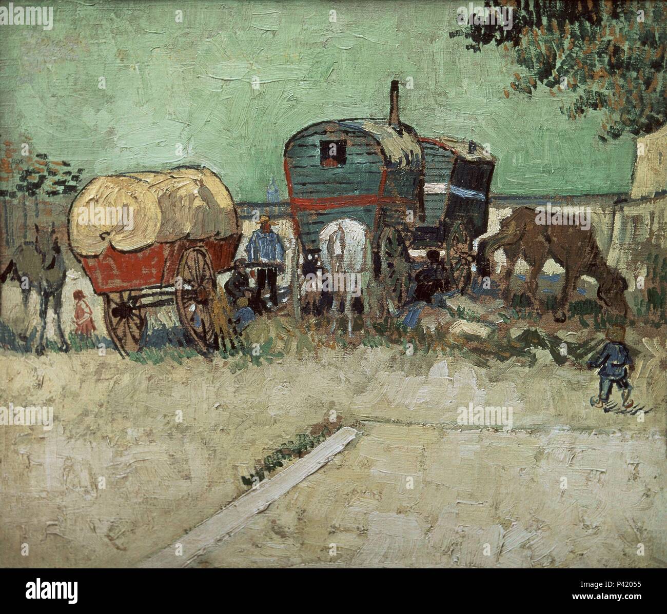 Die Wohnwagen, Gypsy Encampment in der Nähe von Arles - 1888 - 45 x 51 cm - Öl auf Leinwand. Autor: Vincent van Gogh (1853-1890). Lage: Musee D'Orsay, Frankreich. Auch als: CAMPAMENTO DE GITANOS CON CARROS - SONETO DE BAUDELAIRE 'LOS CARROMATOS" bekannt. Stockfoto