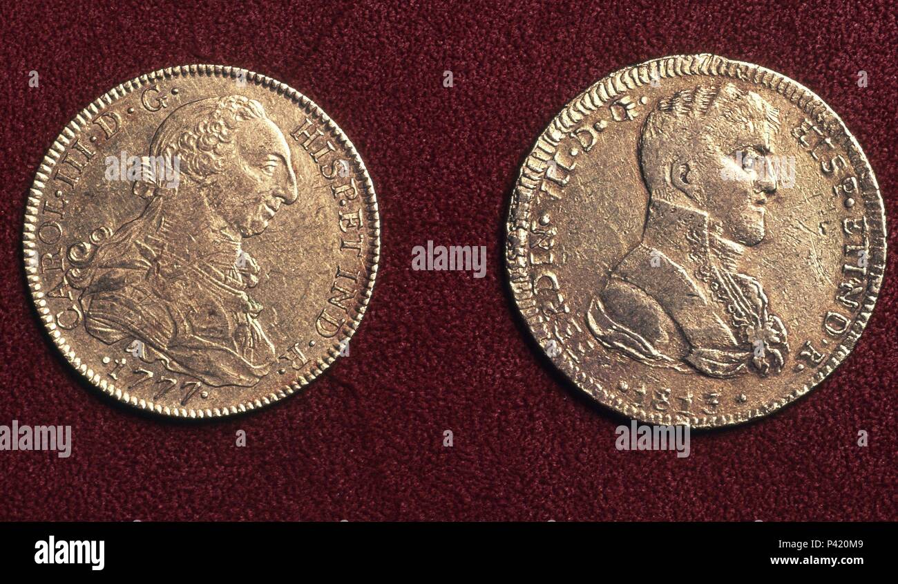 MONEDAS DE ORO DE FERNANDO VII Y CARLOS III. Stockfoto