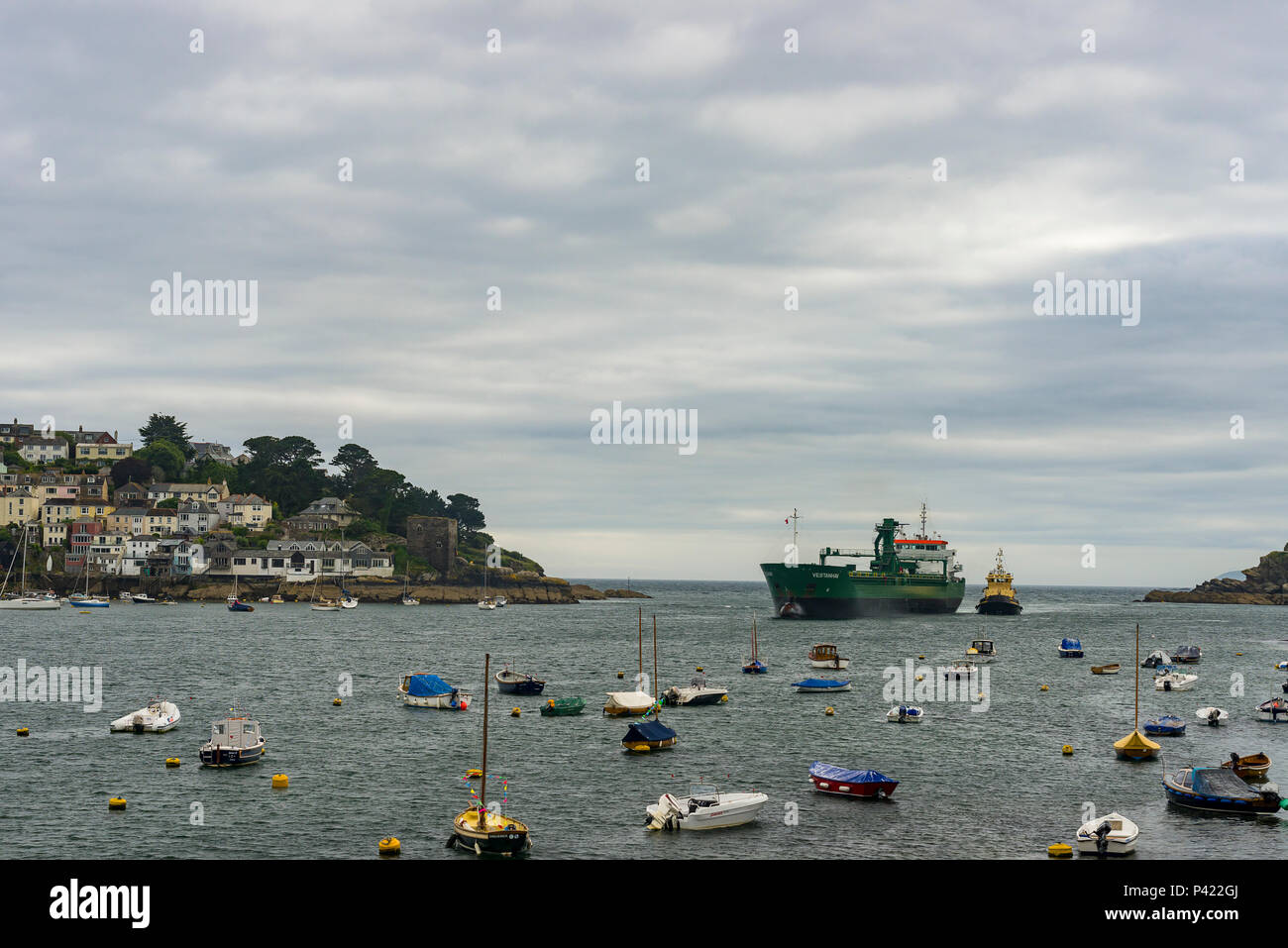 The Fowey tiefe Wasser Hafen ist beliebter Haltepunkt für viele große Schiffe, die Kombination von tiefen Gewässern auch bei Ebbe und große mooring Punkte Stockfoto
