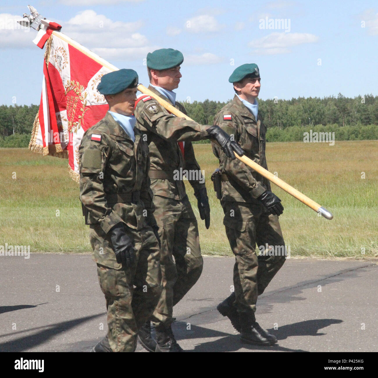 Eine polnische Ehrengarde Märschen in der Eröffnungszeremonie der Anakonda 16 in Drawsko Pomorskie Training Bereich zu beginnen, Polen Juni 6. Anakonda 16 ist ein polnisch-led-Übung in Polen von Juni 7-17. Es handelt sich um über 25.000 Teilnehmer aus mehr als 20 Nationen. Anakonda 16 ist eine führende Veranstaltung für die US-Army Europe, Alliierten und zusammengeschlossen, um Nationen, unterstützt die Qualitätssicherung und abschreckende Maßnahmen durch Demonstration der Alliierten Verteidigungsfähigkeit Masse zu implementieren und Kampfkraft zu erhalten. Stockfoto