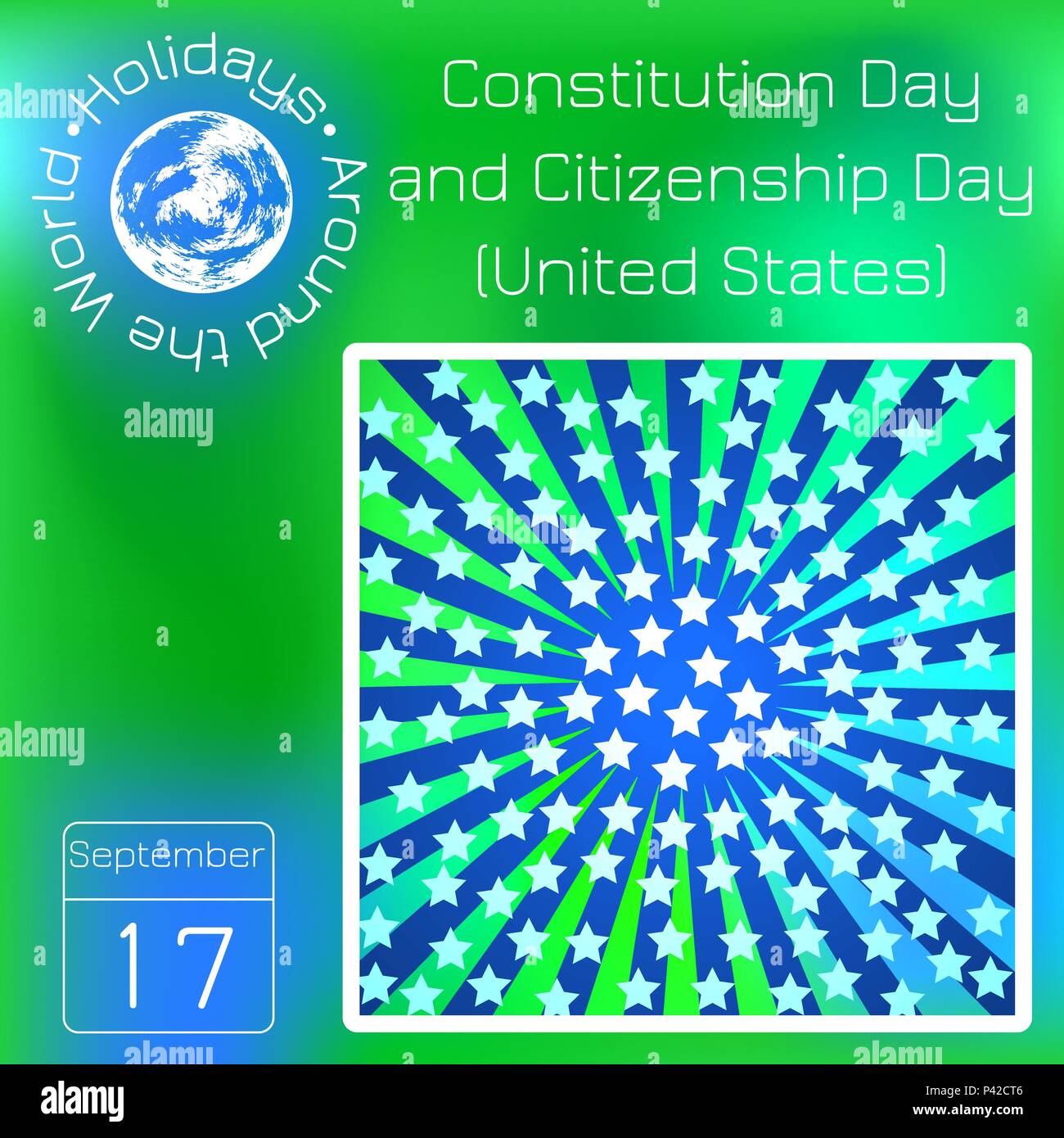 Tag der Verfassung und der Unionsbürgerschaft Tag in den Vereinigten Staaten. Blaue Strahlen, weißen Sternen. Kalender. Urlaub rund um die Welt. Ereignis des Tages. Grüne blur Stock Vektor