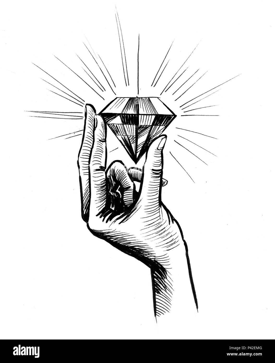 Hand mit einem strahlend Diamant. Tinte schwarz und weiß Abbildung  Stockfotografie - Alamy