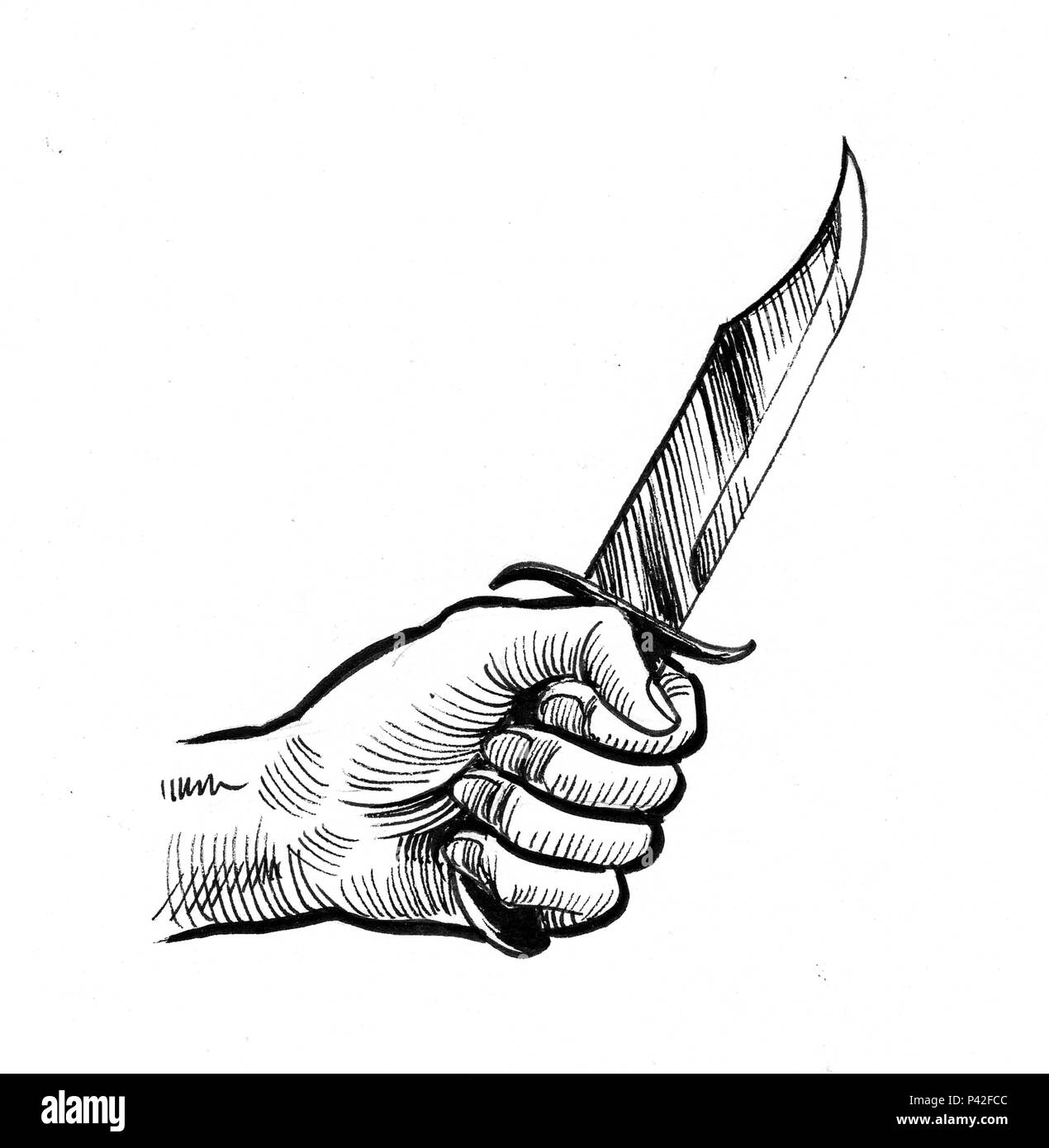 Hand mit einem Messer. Tinte schwarz-weiss Zeichnung Stockfoto