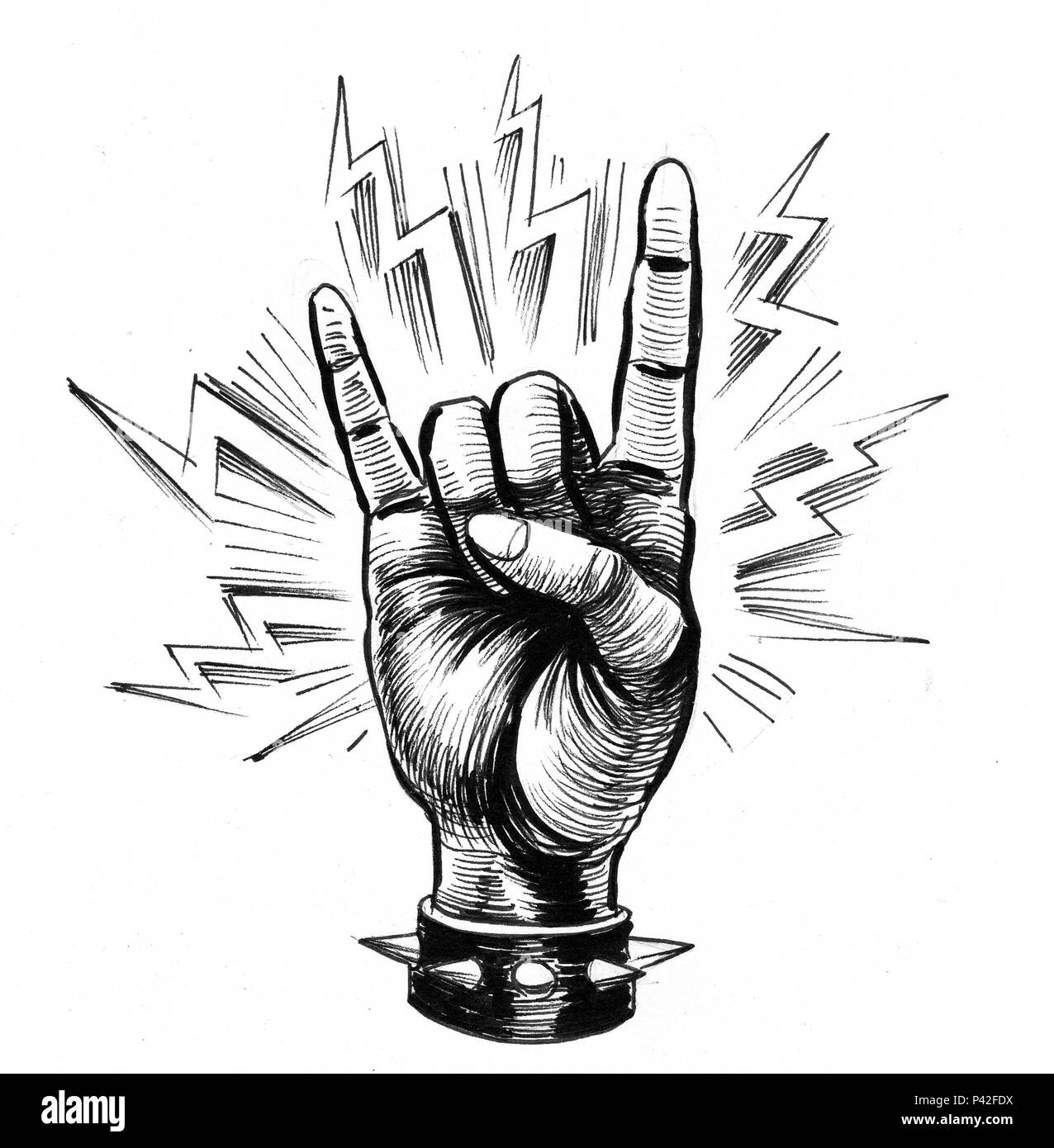 Hand mit einem hard rock Geste. Tinte schwarz-weiss Zeichnung Stockfoto