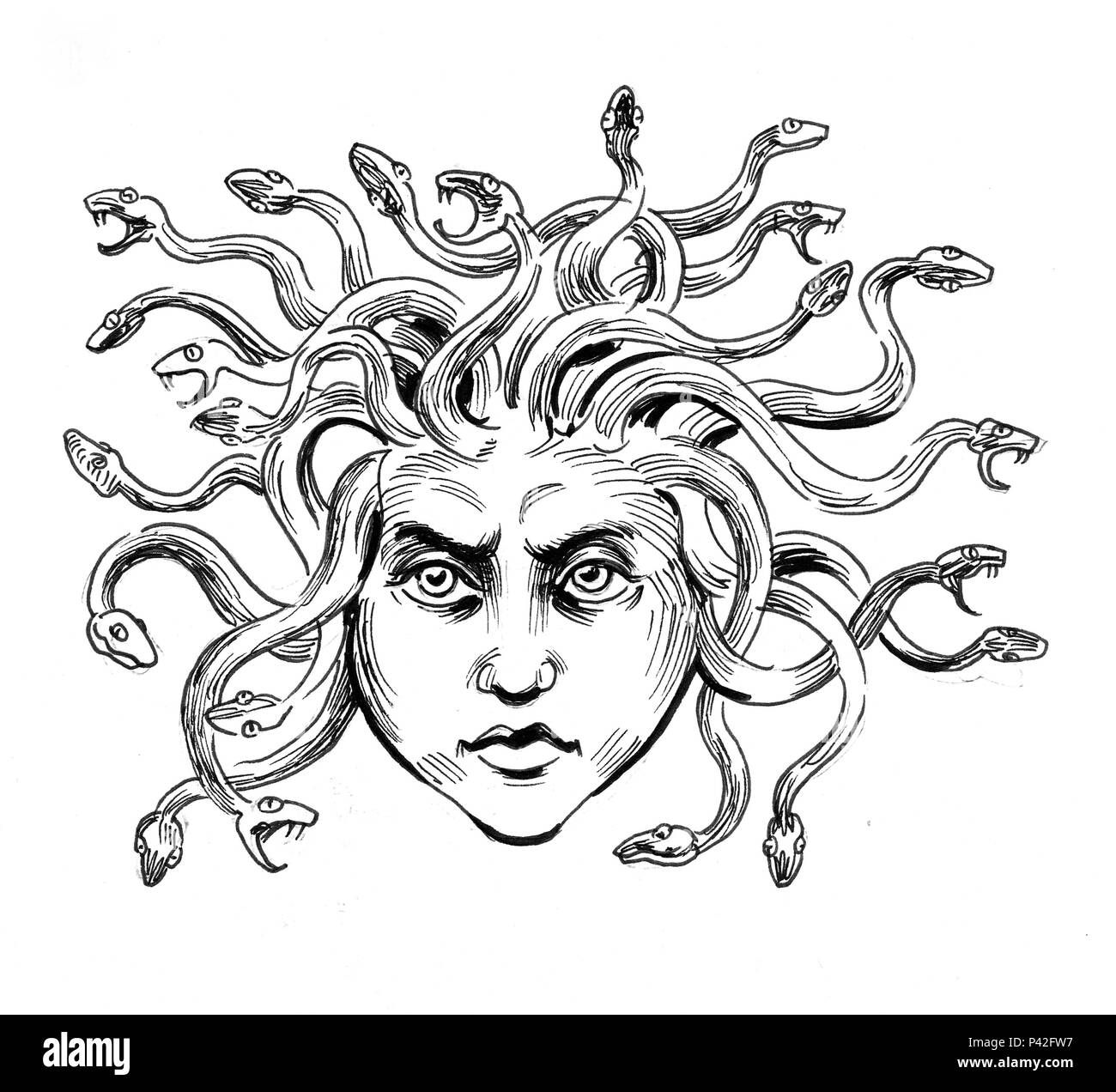 Medusa Medusa. Tinte schwarz-weiss Zeichnung Stockfoto