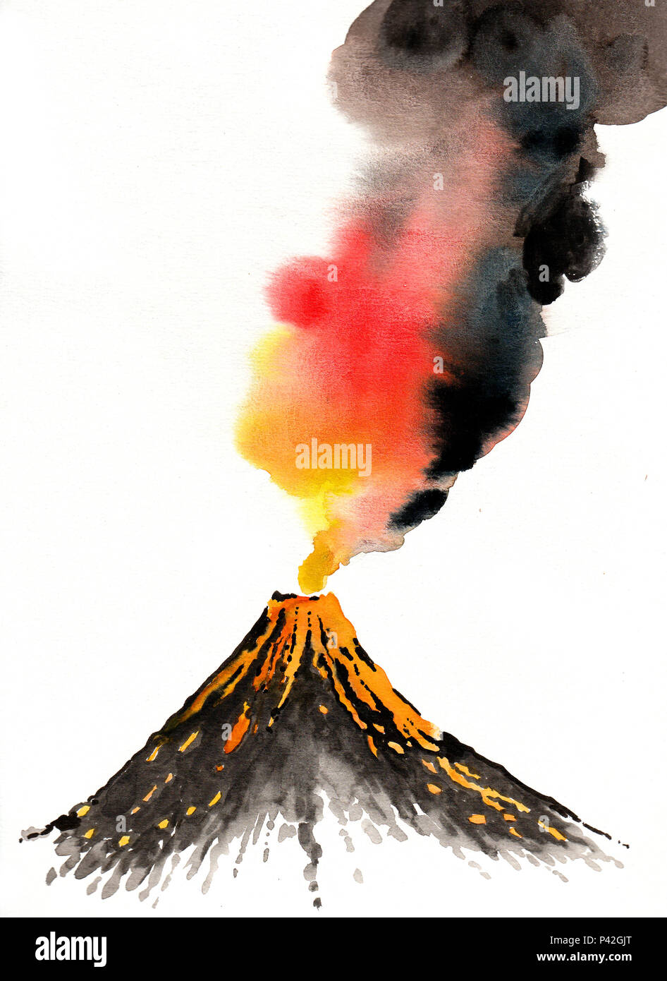Ausbrechenden Vulkan. Tusche und Aquarell Malerei Stockfoto