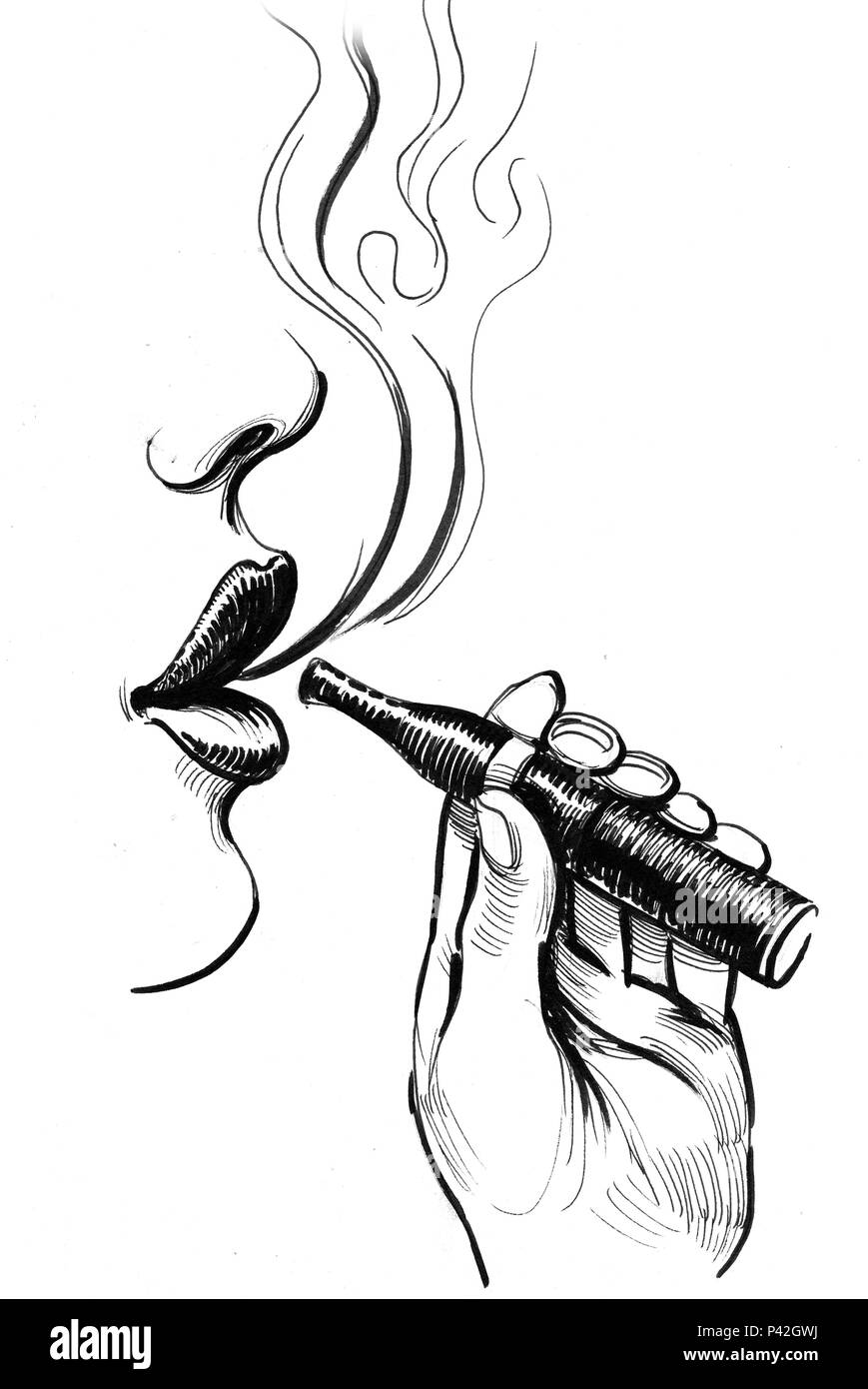 Hand mit Vaporizer. Tinte schwarz-weiss Zeichnung Stockfotografie - Alamy