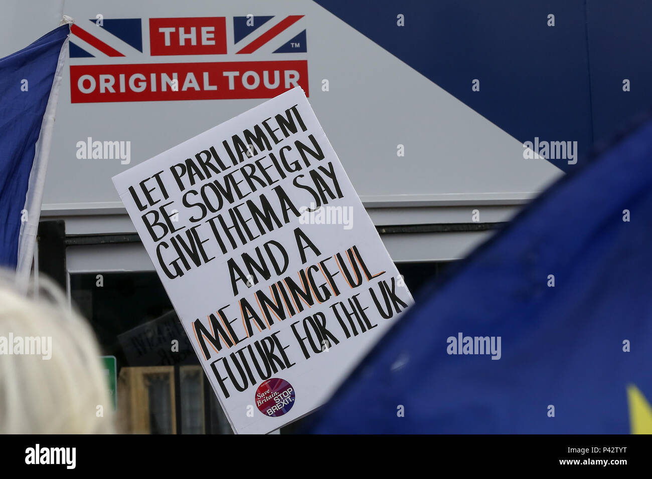 Westminster, London, Großbritannien. 20. Juni 2018 - Pro-EU-Befürworter zeigt außerhalb des Parlaments als Mitglieder des Parlaments Aussprache und Abstimmung später heute auf Brexit Herren Änderungen von der Rücknahme Rechnung. Die Regierung verlor die Abstimmung im Oberhaus über einen Änderungsantrag MPs eine "sinnvolle Abstimmung "auch wenn die Regierung eine Brexit Angebot zu erreichen. Credit: Dinendra Haria/Alamy leben Nachrichten Stockfoto