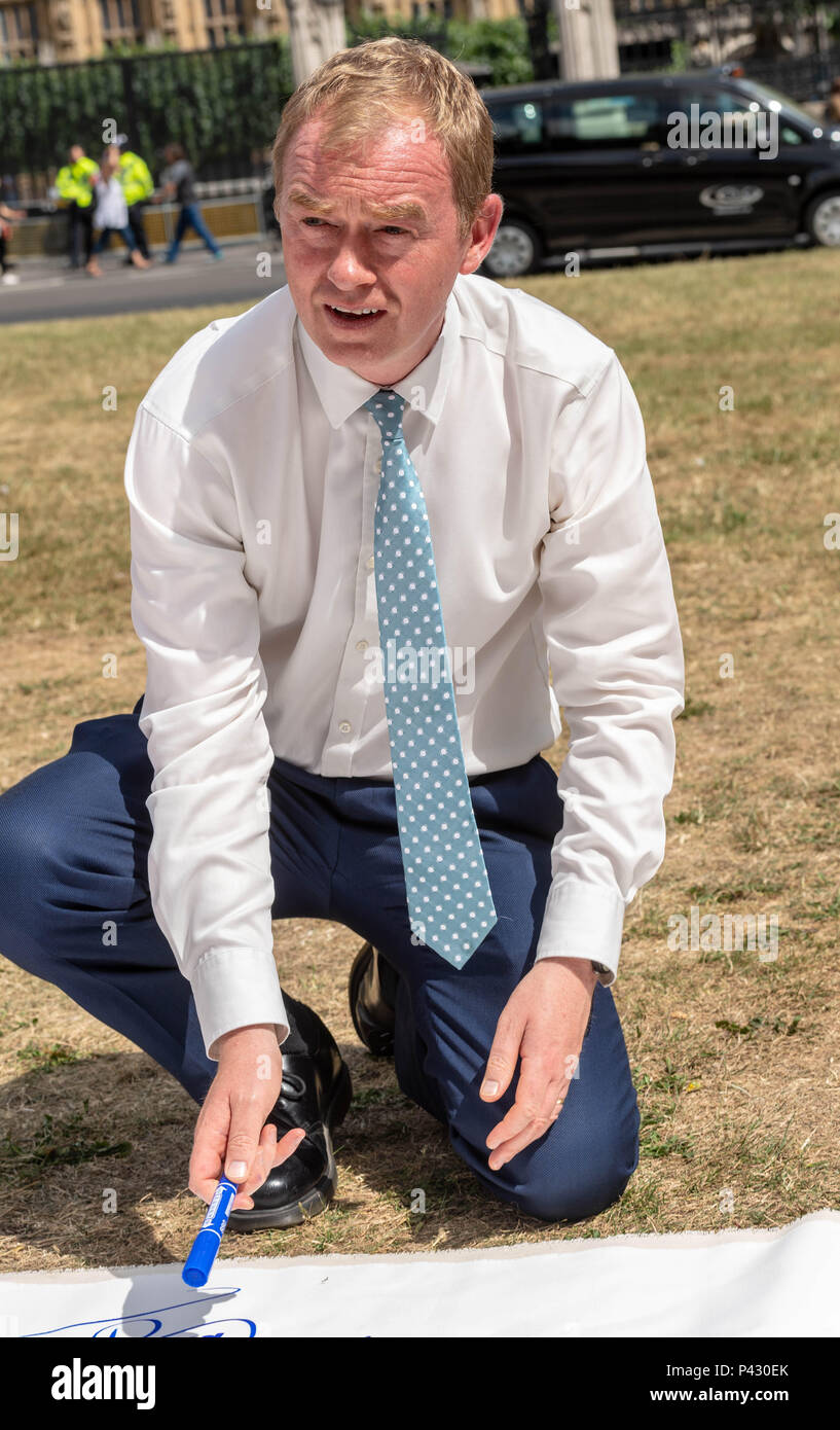 London, Großbritannien. 20 Juni, 2018. Freiheit von Folter hält eine#sharingmysanctuary Veranstaltung im Parlament Platz mit einem großen Banner mit Nachrichten für Flüchtlinge. Tim Faron MP Zeichen das Banner zur Unterstützung die Ursache. Kredit Ian Davidson/Alamy Leben Nachrichten. Credit: Ian Davidson/Alamy leben Nachrichten Stockfoto