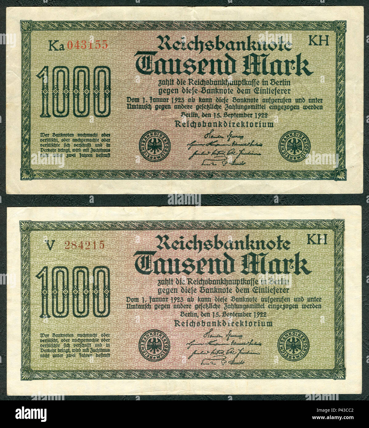 1000 Mark Reichsbanknote 1922 2 Versionen gedruckt von J.C.König & Ebhardt KH Hannover Seite ich 200 dpi. Stockfoto