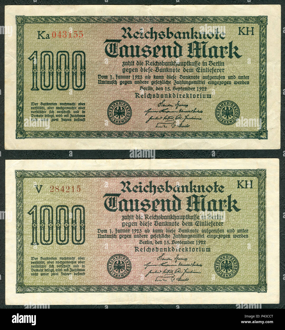 1000 Mark Reichsbanknote 1922 2 Versionen gedruckt von J.C.König & Ebhardt KH Hannover Seite ich 600 dpi. Stockfoto