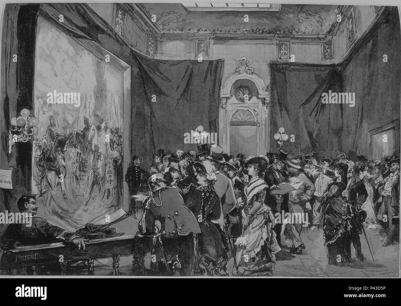 EXPOSICION EN EL SALON DE CONFERENCIAS DEL SENADO DE LA RENDICION DE GRANADA DE PRADILLA - 15-7-227 - "LA ILUSTRACION ESPAÑOLA Y AMERICANA". Autor: Alejandro Ferrant y Fischermans (1843-1917). Lage: Biblioteca Nacional - COLECCION, MADRID, SPANIEN. Stockfoto
