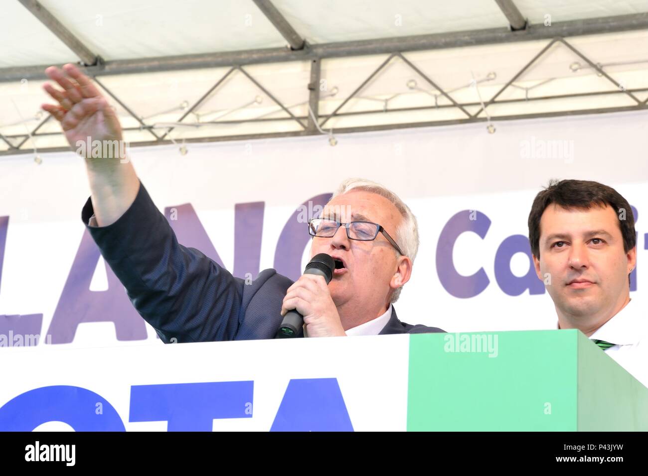 Borghezio und Salvini während Milano Tagung Lega Nord 13-05-2011 Stockfoto