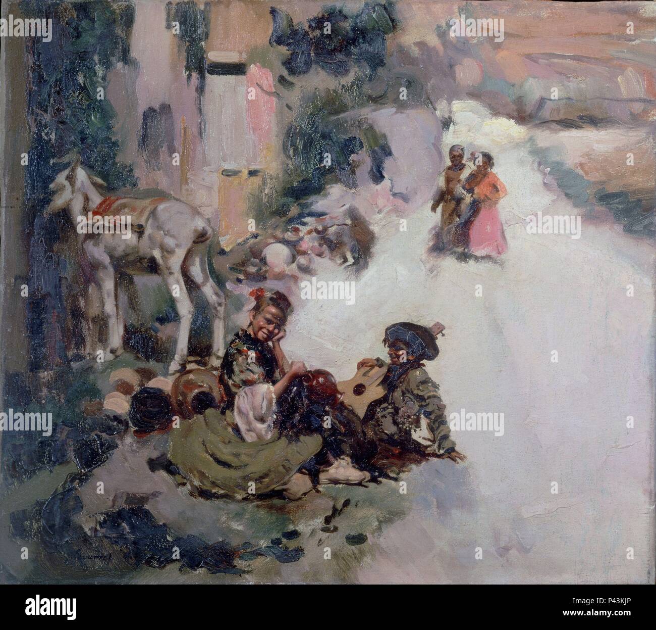 GITANOS DESCANSANDO (C. 1907) - OLEO/LIENZO - 44 X 49 CM. Autor: José Navarro Llorens (1867-1923). Lage: die Banco Urquijo (PAL PEÑALBA, Valencia, Spanien. Stockfoto