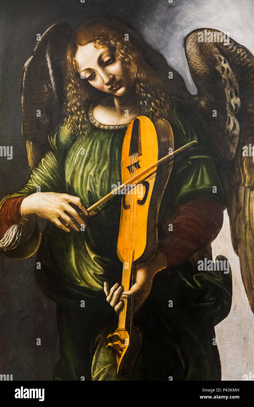 Gemälde von ein Engel in Grün mit einem Vielle durch einen Mitarbeiter von Leonardo da Vinci vom 1490 Stockfoto