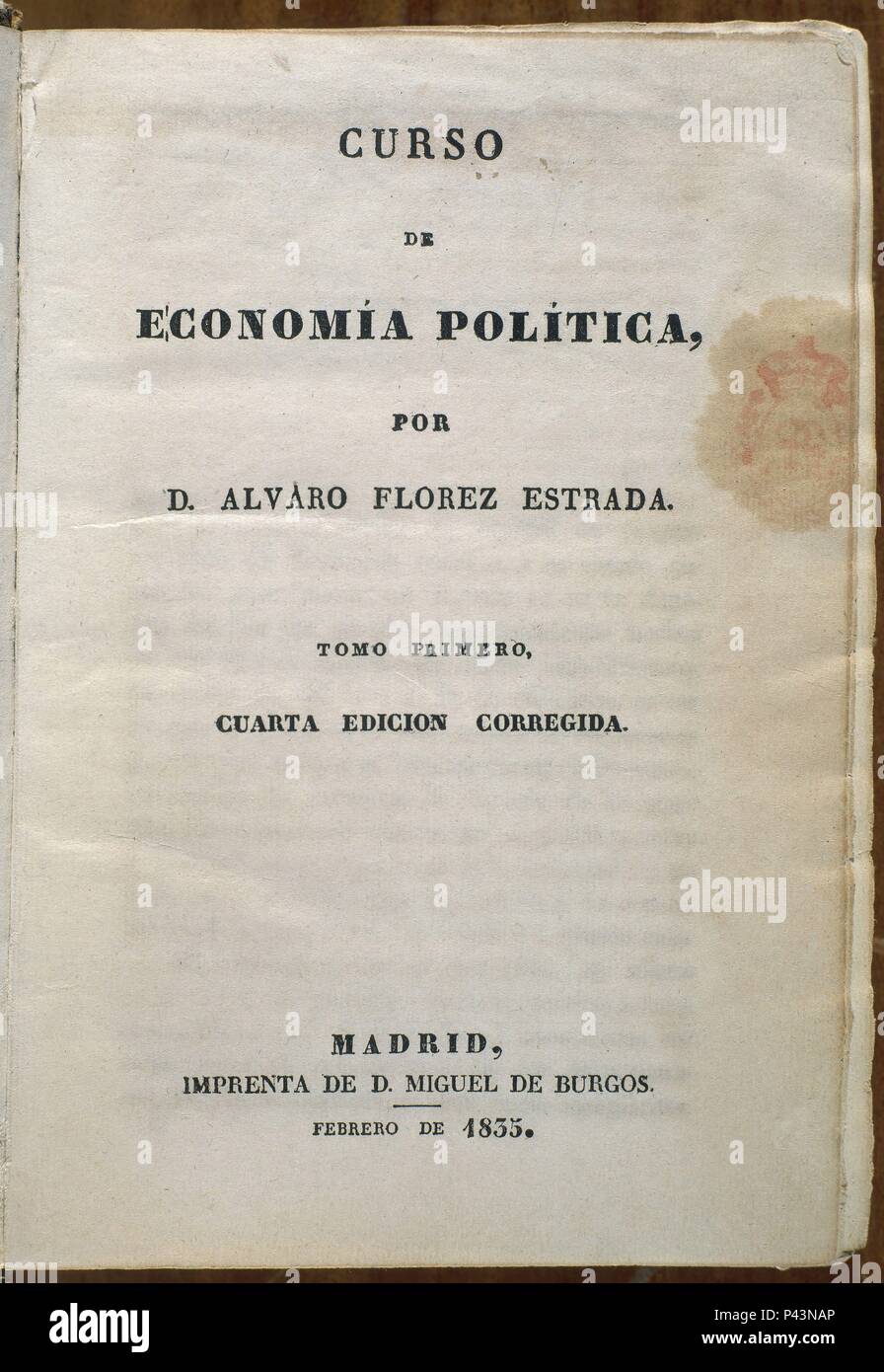 PORTADA DE TEXTO DE ECONOMIA POLITICA. Thema: FLORES ESTRADA. Lage: Biblioteca Nacional - COLECCION, MADRID, SPANIEN. Stockfoto