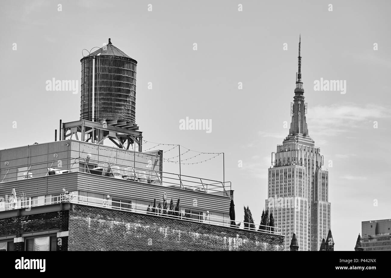 Schwarze und weiße Abbildung des Wassertanks, einer von New York City, USA. Stockfoto