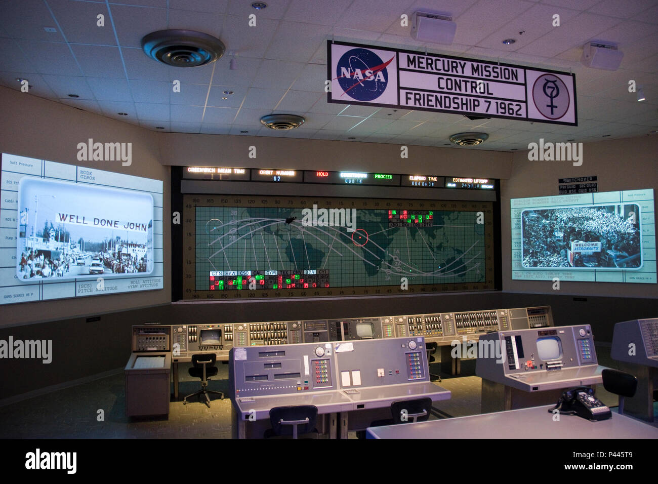 Der Mercury Mission Control-Anlage am Visitor Complex am NASA Kennedy Space Center, Florida angezeigt. Stockfoto