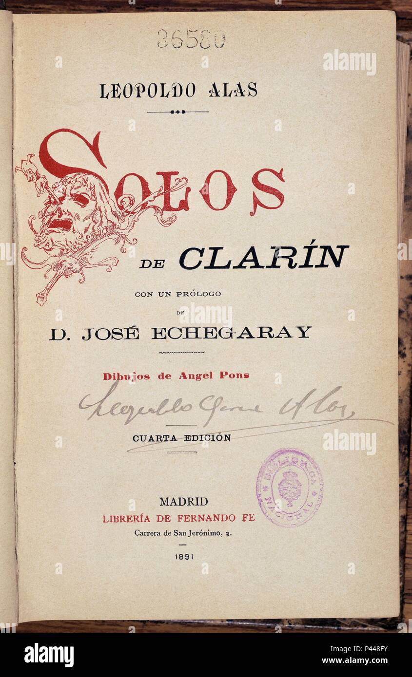 Soli DE CLARIN CON UN PROLOGUEO DE JOSE ECHEGARAY - EDICION DE 1891. Thema: ALAS CLARIN, Leopoldo. Lage: Biblioteca Nacional - COLECCION, MADRID, SPANIEN. Stockfoto